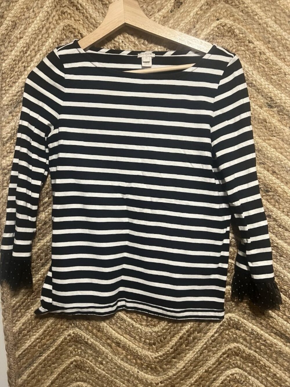 J.Crew Women's Black & White Striped Blouse with Polka Dot Tulle Cuffs,Size XS